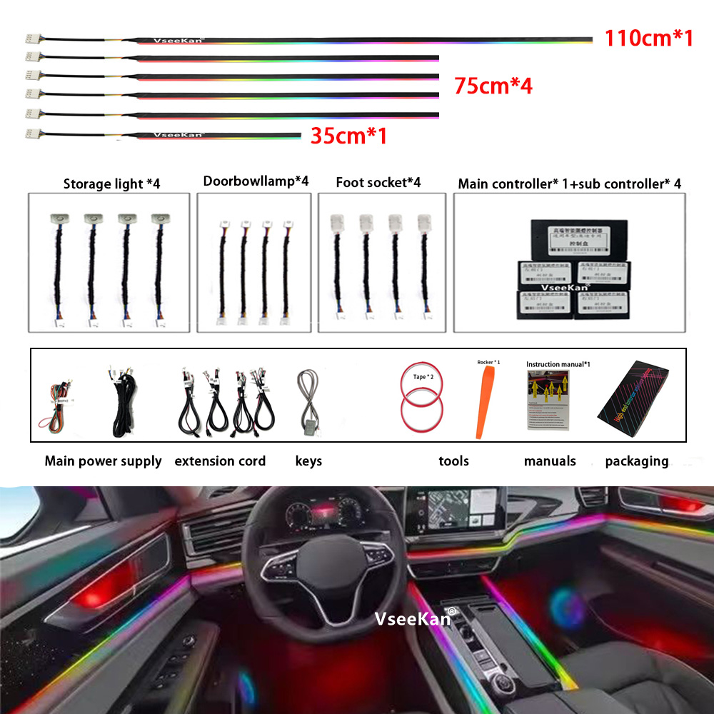 Car Ambient Lighting 64 Color - 18-in-1-LED-Symphonie-Umgebungslichter für den Autoinnenraum, Vollfarb-Streamer, RGB,