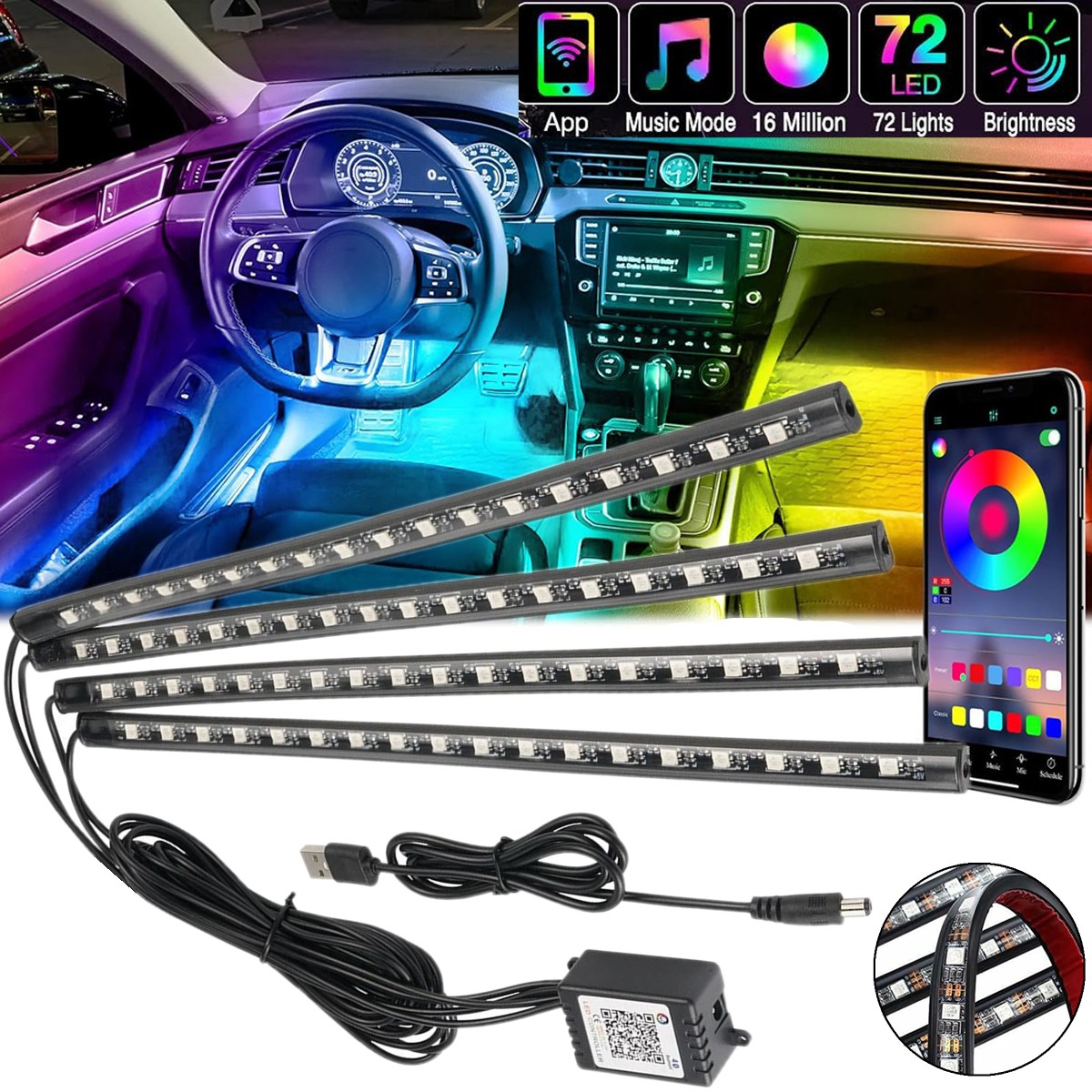 Car Interior Neon Light Usb - 4 Stück 72 LED RGB Auto-Innenraum-Atmosphärenlichtstreifen,