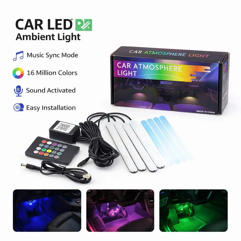 Car Ambient Light Sound Activated - Auto-LED-Fußraum-Umgebungslichter, RGB-Musik-Sound aktiviert, 7 Farben Innenatmosphärenbeleuchtung