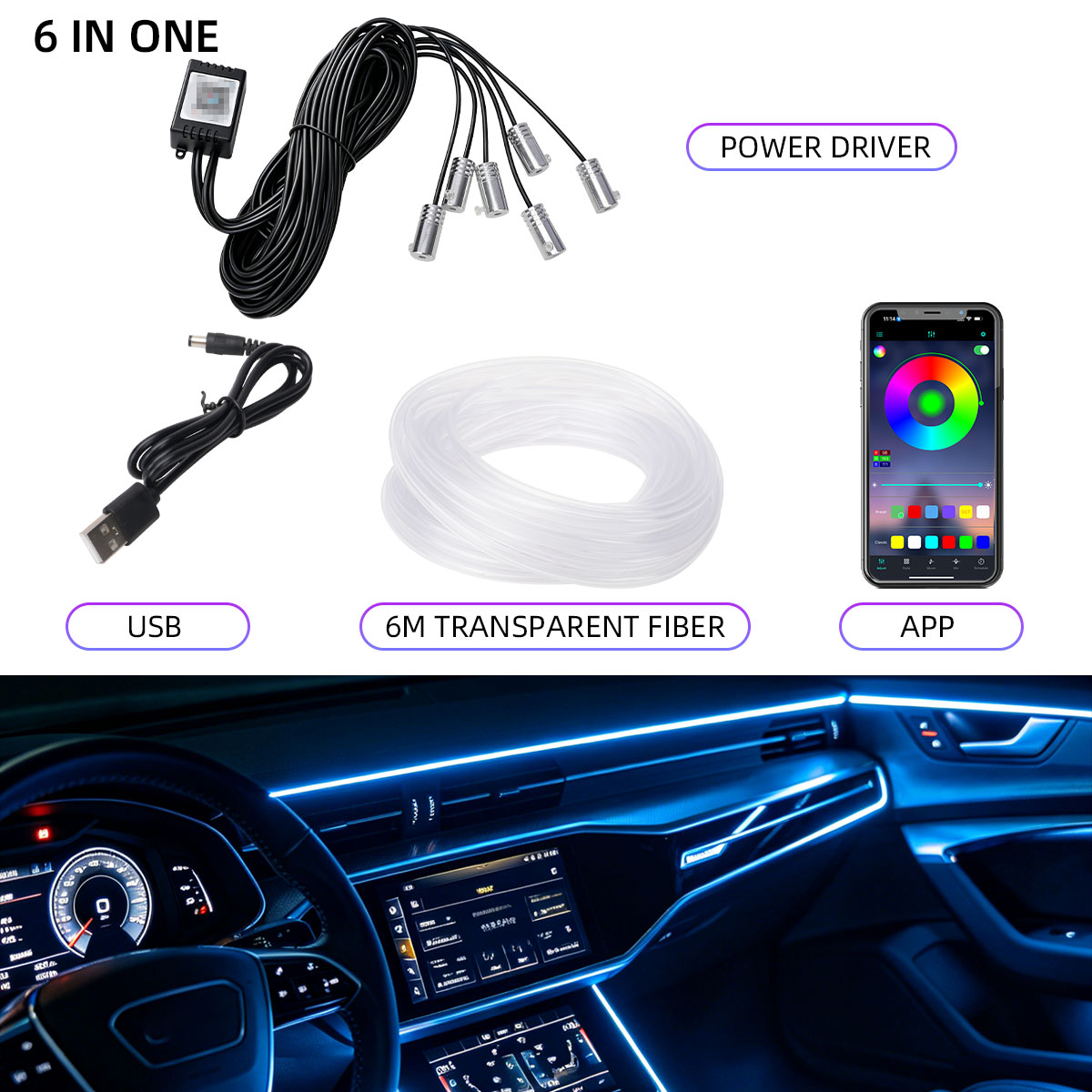 Car Dashboard Light Fiber Optic - 4/5/6-in-1 Auto-Innenraum-Faserlicht-Streifen mit App-Steuerung, Armaturenbrett-Neonlichtstreifen, USB-Innendekorationslampen