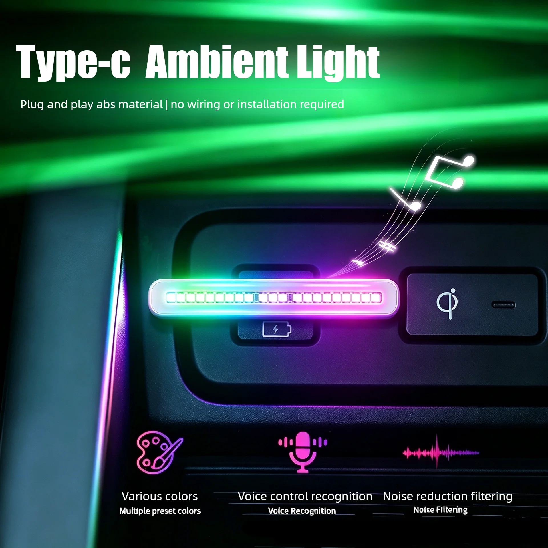 Car Ambient Light Sound Activated - Typ-C RGB Schallaktiviertes Rhythmuslicht Auto-Ambiente-Lampe Mini-LED-Umgebungsleuchte