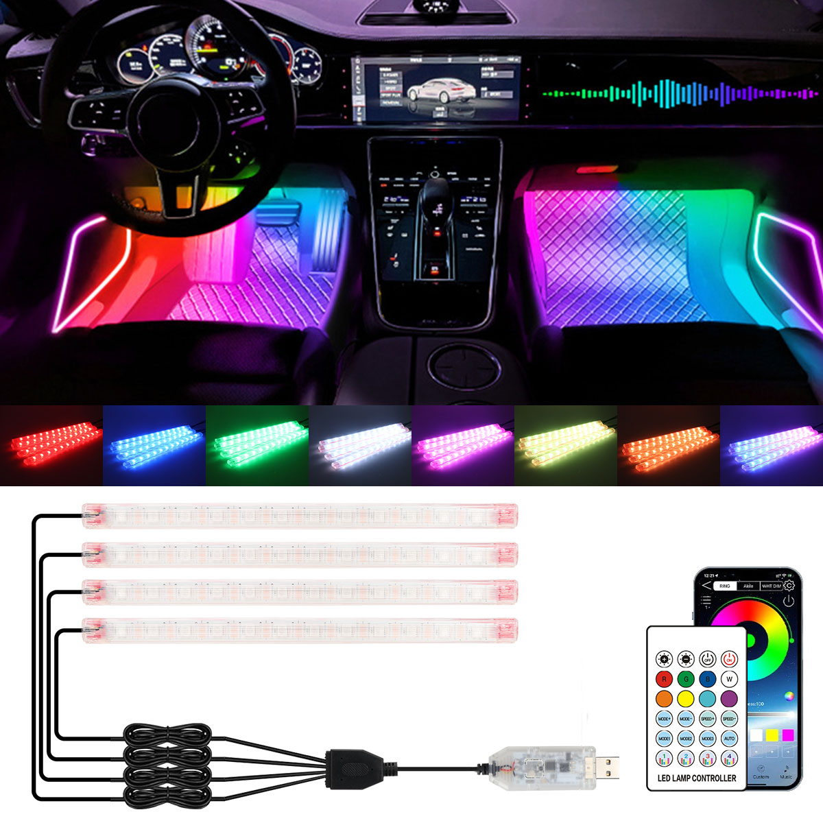 2/4in1 12/18 LED RGB Regenboge – Car Interior Neon Light Usb Bewertung und Preis